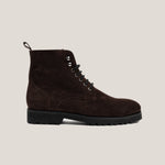 A dark brown suede lace-up boot with a round toe and a flat sole.