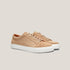 Pair of tan sneakers on a light gray background