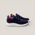 Navy suede laced design slip on sneakers with orange inner accents and a white sole